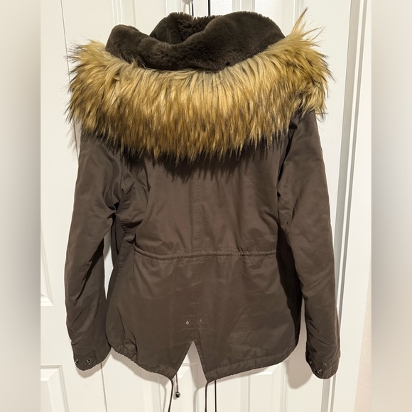zara womens brown parka jacket with faux fur trim hood size M - Picture 4 of 7
